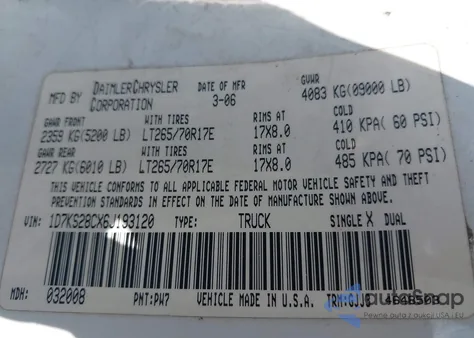 2006 Dodge Ram 2500 Laramie from USA, damaged, VIN 1D7KS28CX6J193120